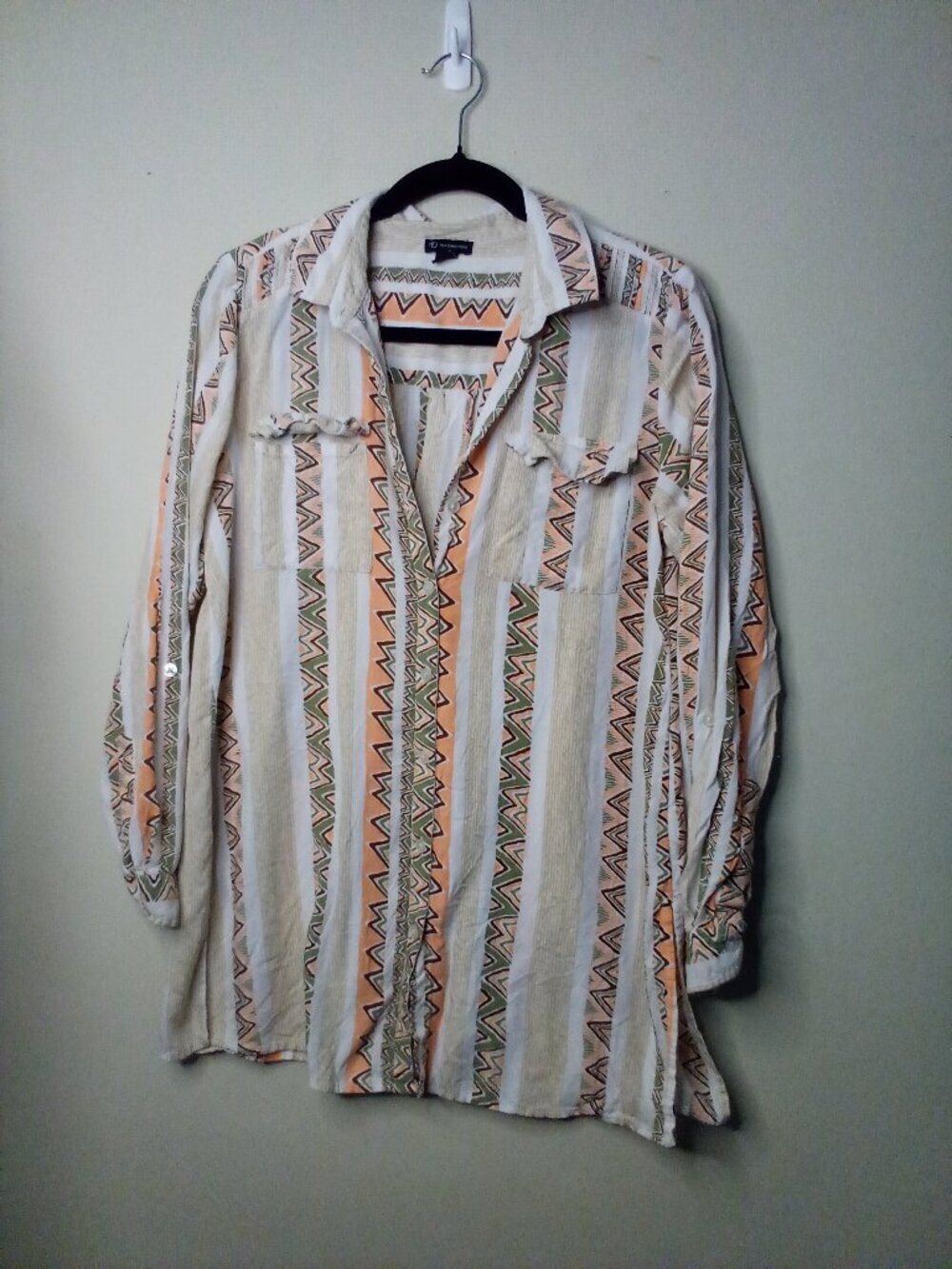 New Directions Shirt Women S Long Sleeve Button Up Aztec Print Cream Tan